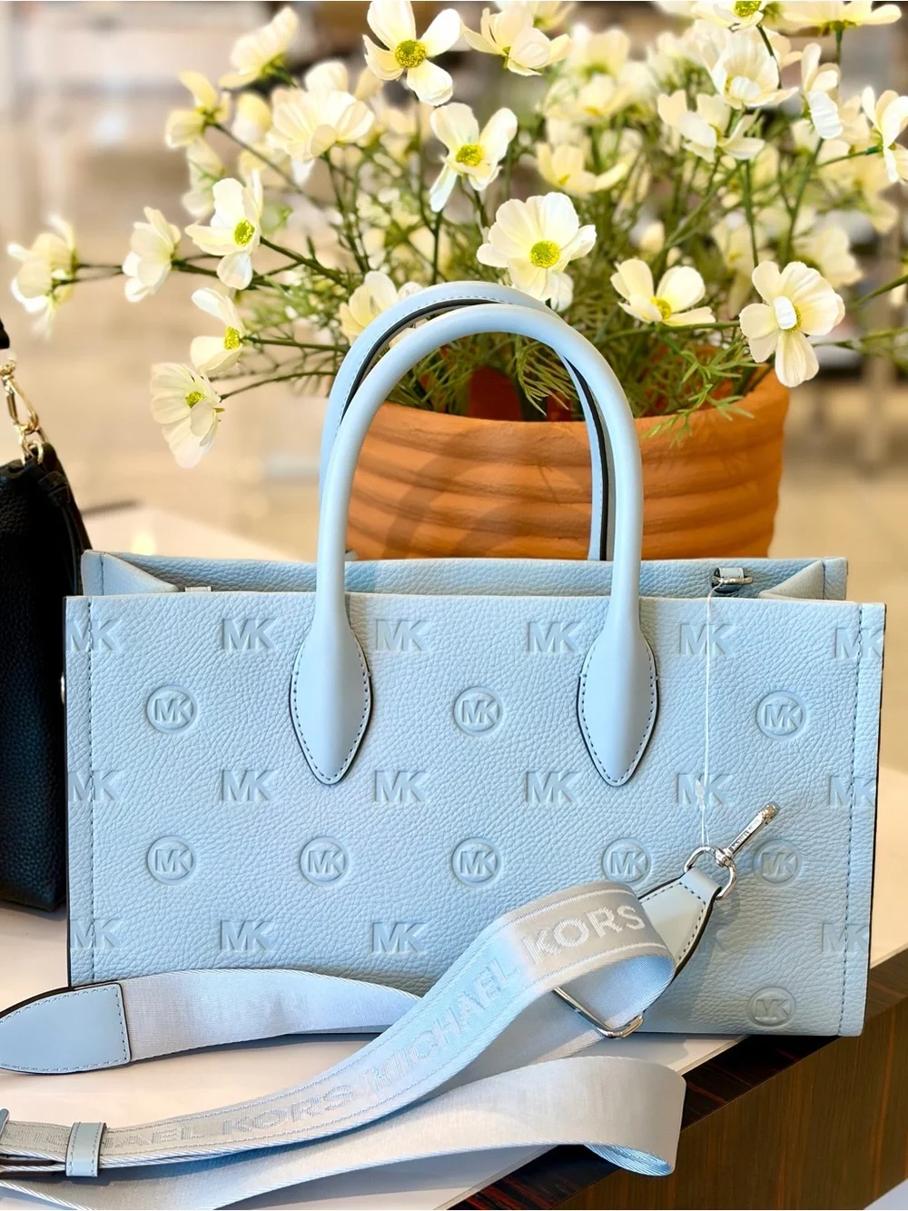 Michael Kors Light Blue Embossed MK Satchel with Detachable Strap